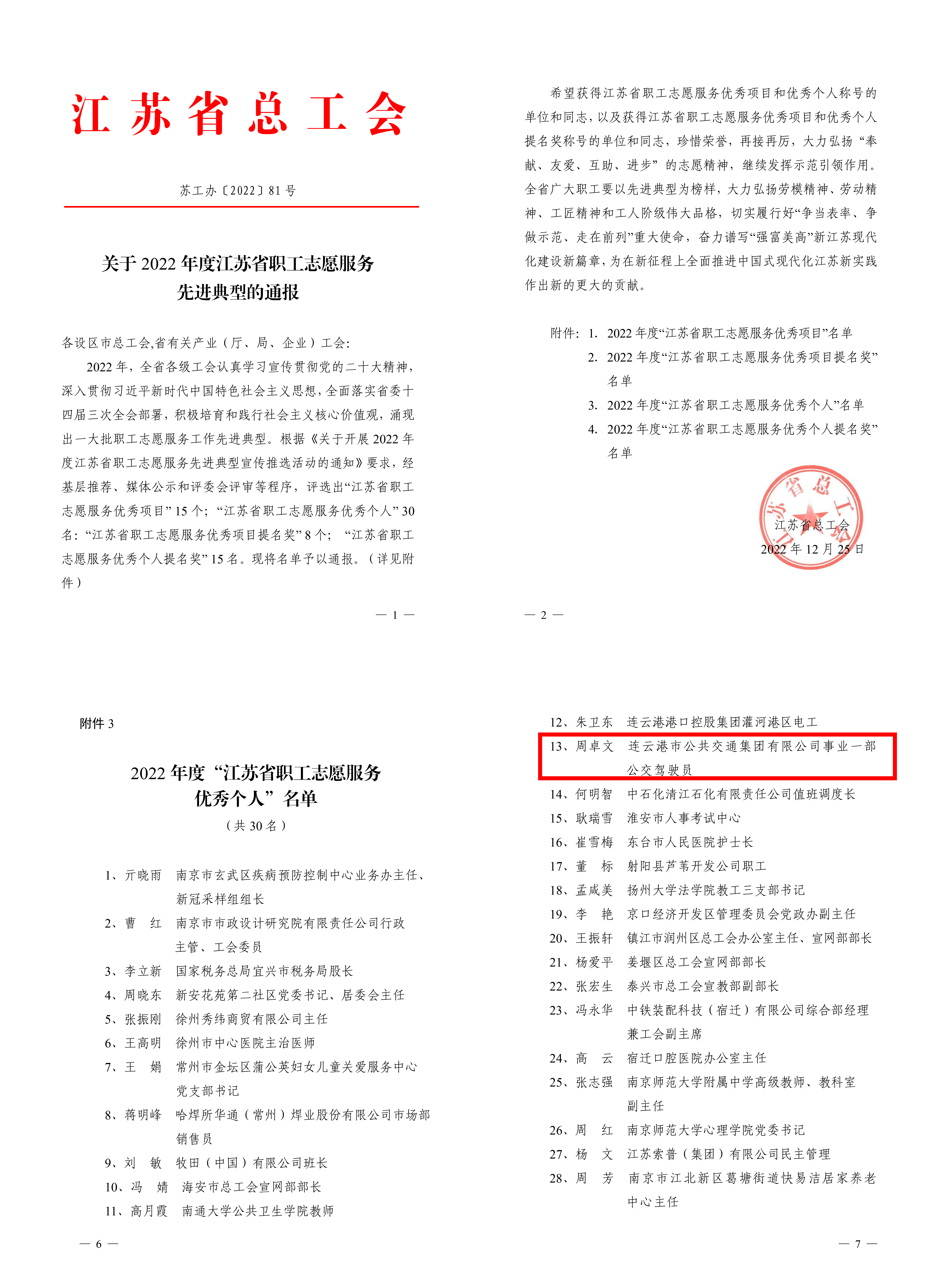 公交集團公交事業(yè)一部駕駛員周卓文榮獲“江蘇省職工志愿服務(wù)優(yōu)秀個人”榮譽稱號